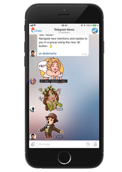 Telegram 4.3 版本开始增加了更佳的回复、贴纸和邀请函功能(图3) Telegram 4.3 版本开始增加了更佳的回复、贴纸和邀请函功能(图3)